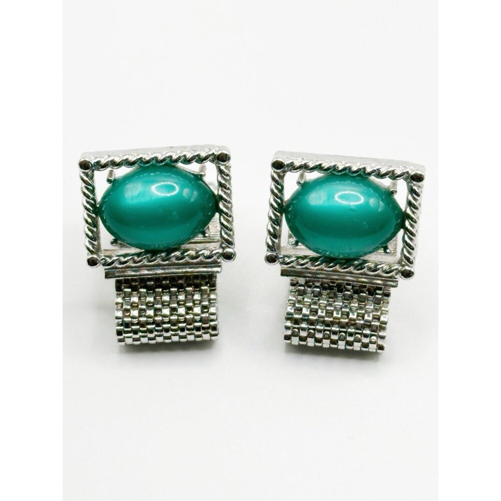 Vintage SWANK Green Lucite‎ Silvertone  Mesh Wrap Cufflinks